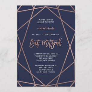 Mitternachtblau und Rose Gold Geometrie Bat Mitzva Einladung