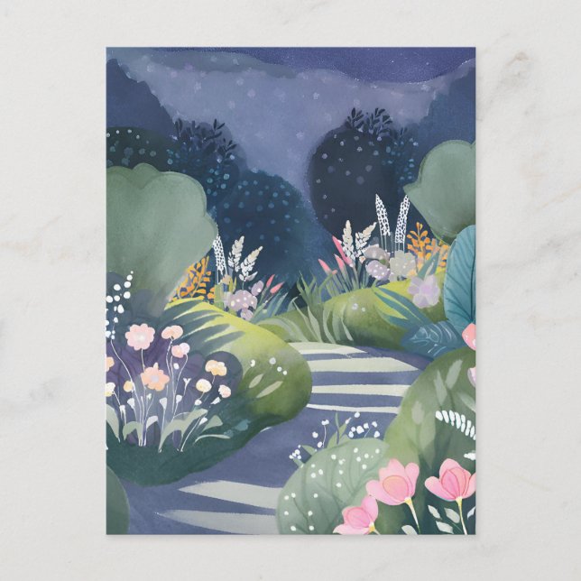 Mitternachtgarten | Blumenweg Wasserfarbe Postkarte (Vorderseite)