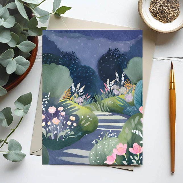 Mitternachtgarten | Blumenweg Wasserfarbe Postkarte (Von Creator hochgeladen)
