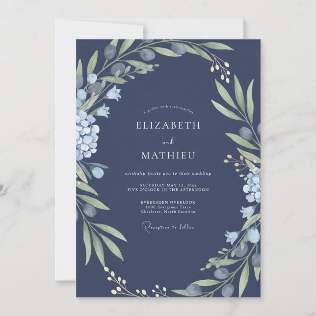 Mitternachts Azurblättrige Salbei-Hochzeit Einladung (Vorderseite)