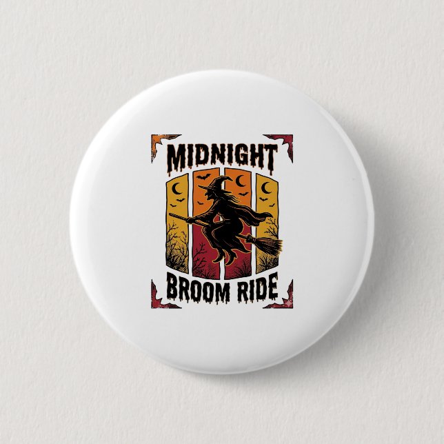 Mitternachts Besenfahrt Vintage Hexe Halloween Gra Button (Vorderseite)