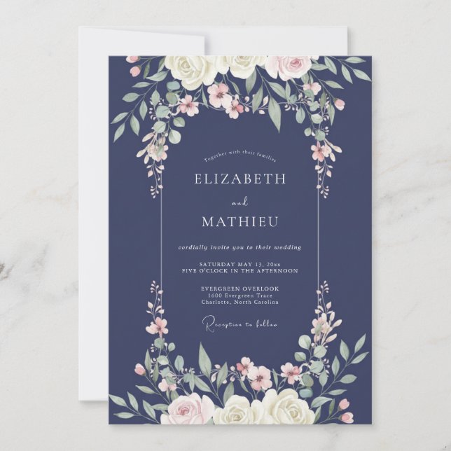 Mitternachts-Blush-Blüten-Hochzeit Einladung (Vorderseite)