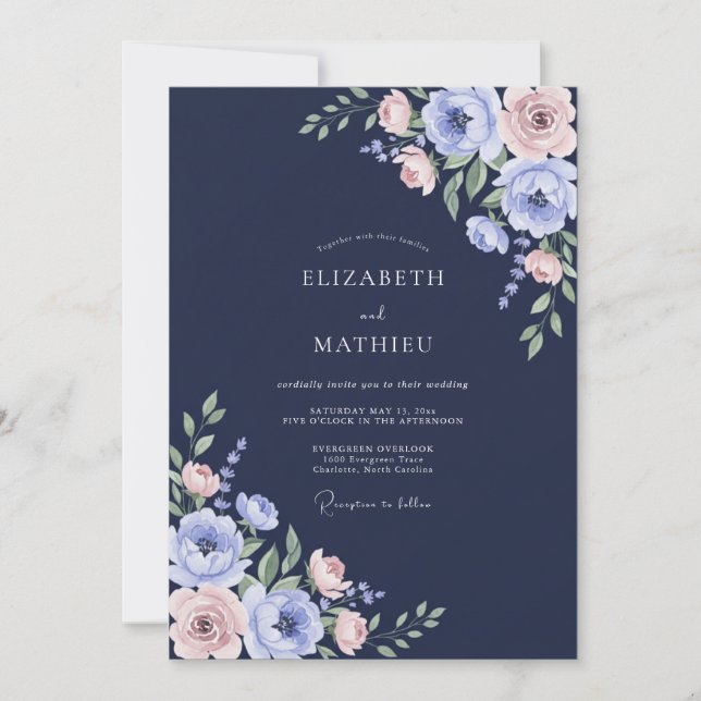 Mitternachts-Blush-Ranunculus-Eukalyptus-Hochzeit Einladung (Vorderseite)