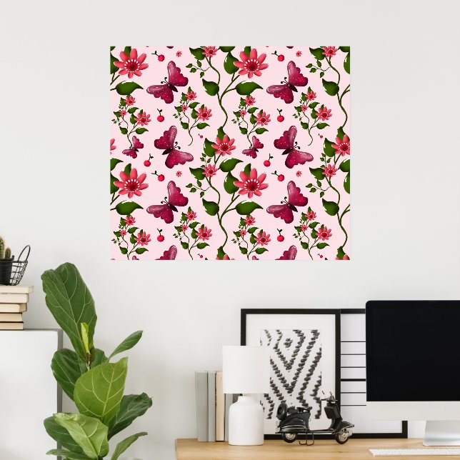 Mitternachts-Blüten-Schmetterling-Blumen-Passendes Poster (Heimbüro)