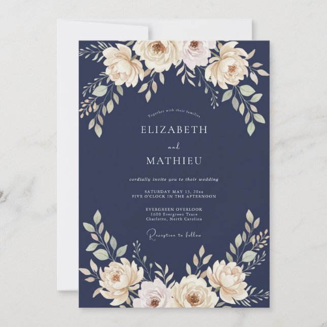 Mitternachts-Champagner-Blüten-Hochzeit Einladung (Vorderseite)