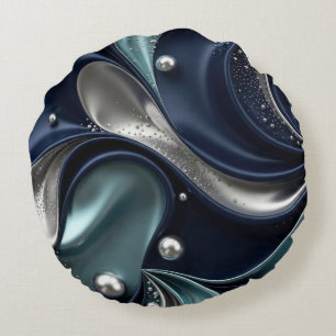 Mitternachts-Eleganz, Navy, Teal & Silber Fluid Ar Rundes Kissen