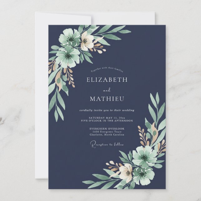 Mitternachts-Eukalyptus-Hochzeit mit Blättern Einladung (Vorderseite)
