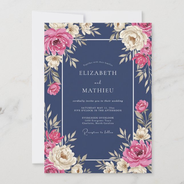 Mitternachts-Fuchsien-Blüten-Hochzeit Einladung (Vorderseite)