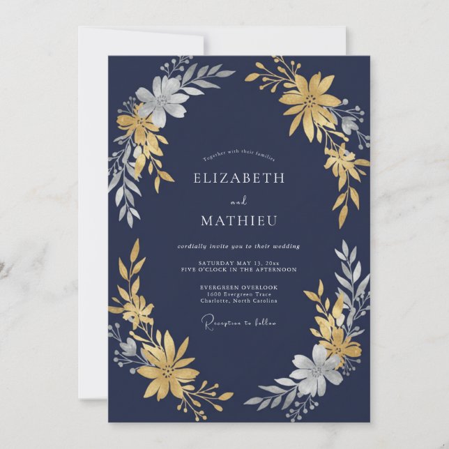 Mitternachts-Gold-Blüten-Hochzeit Einladung (Vorderseite)