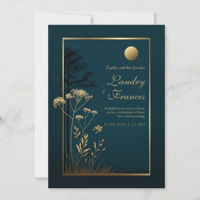 Mitternachts-Goldmond Botanische Hochzeit Einladung (Vorderseite)