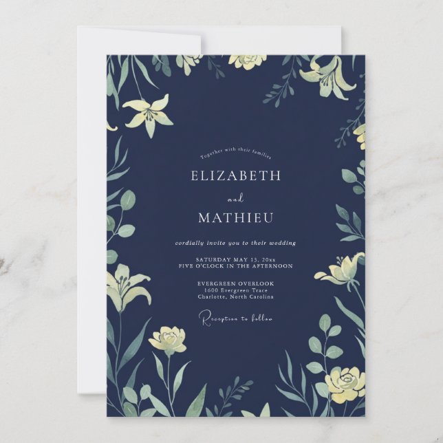 Mitternachts Indigo-Lilien-Hochzeit Einladung (Vorderseite)