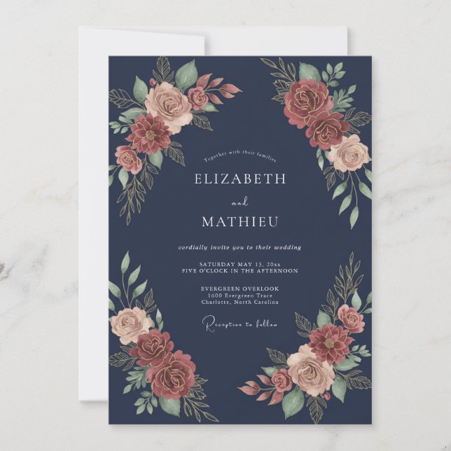 Mitternachts-Kupfer-Blüten-Hochzeit Einladung (Vorderseite)