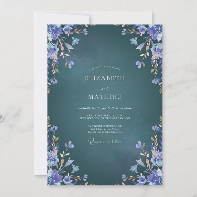 Mitternachts-Lavendel-Laub-Eukalyptus-Hochzeit Einladung (Vorderseite)