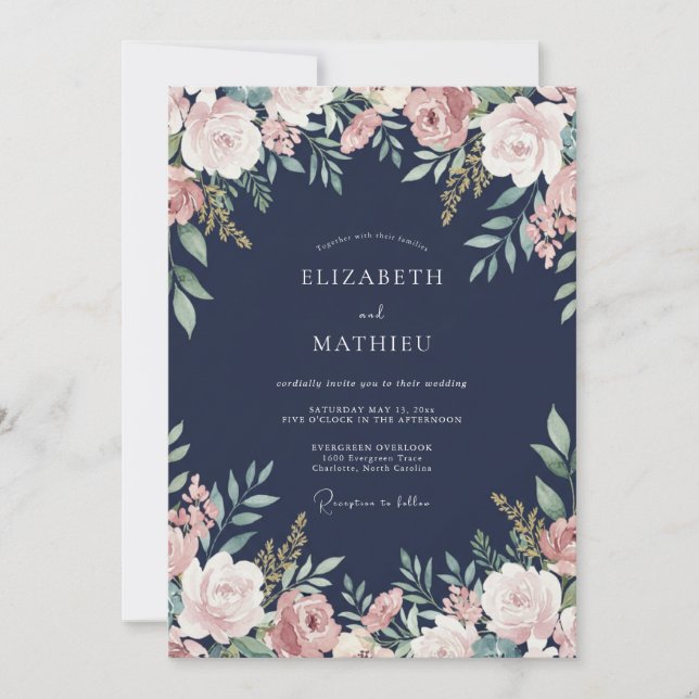 Mitternachts-Malven-Blüten-Hochzeit Einladung (Vorderseite)