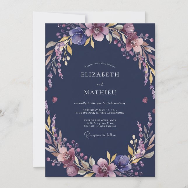Mitternachts-Malven-Wildblumen-Hochzeit Einladung (Vorderseite)