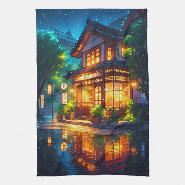 Mitternachts-Matcha – Cozy japanisches Lofi-Café Geschirrtuch (Vertikal)