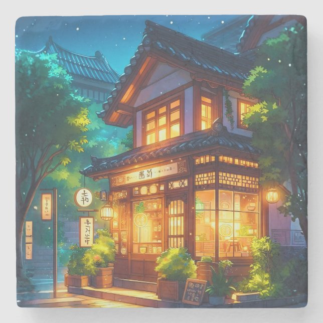 Mitternachts-Matcha – Cozy japanisches Lofi-Café Steinuntersetzer (Vorderseite)