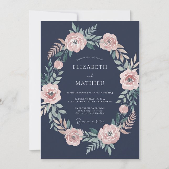 Mitternachts-Mauve-Kranz-Hochzeit Einladung (Vorderseite)