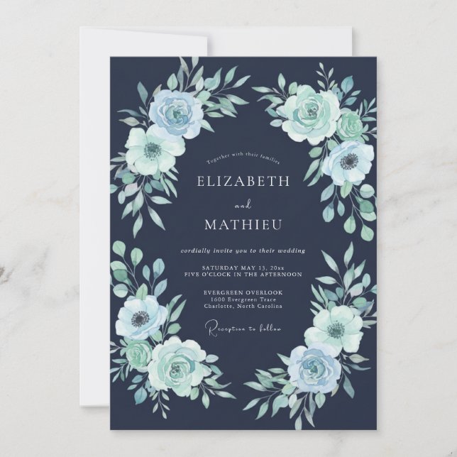 Mitternachts-Minz-Aquarell-Hochzeit Einladung (Vorderseite)