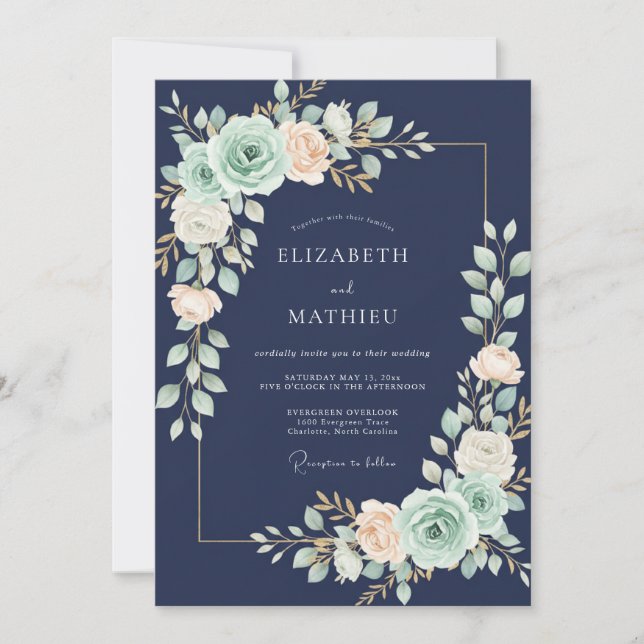 Mitternachts-Minz-Ranunculus-Eukalyptus-Hochzeit Einladung (Vorderseite)