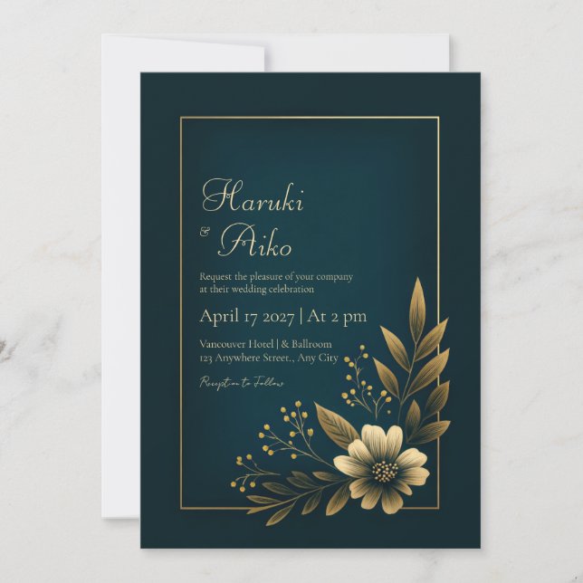 Mitternachts-Navy-Gold-Botanische-Hochzeit Einladung (Vorderseite)