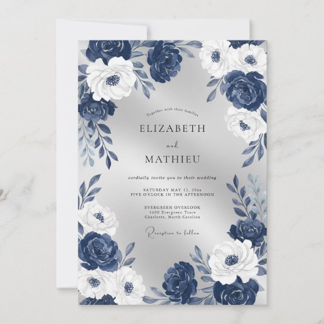 Mitternachts-Perlen-Weiß-Blüten-Hochzeit Einladung (Vorderseite)