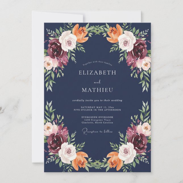 Mitternachts-Pflaume-Petal-Hochzeit Einladung (Vorderseite)