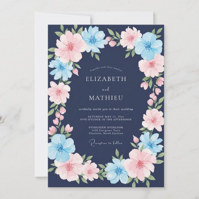 Mitternachts-Pink-Azure-Wildblumen-Hochzeit Einladung (Vorderseite)