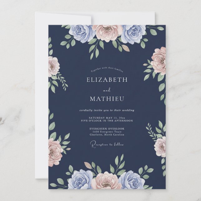 Mitternachts-Ranunculus-Eukalyptus-Hochzeit Einladung (Vorderseite)