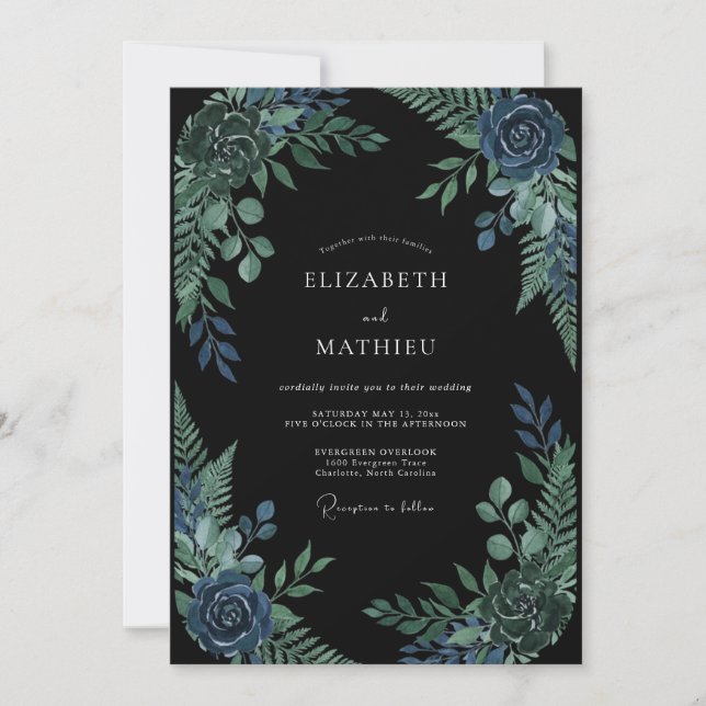 Mitternachts Saphir Laub Eukalyptus Hochzeit Einladung (Vorderseite)