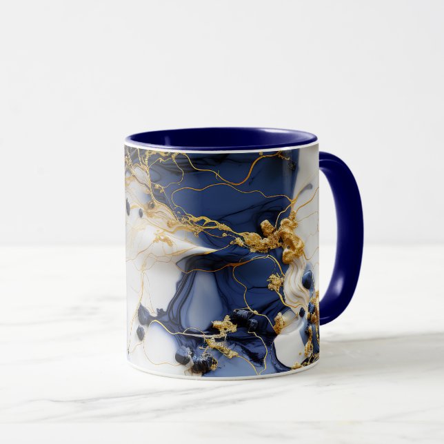 Mitternachts Saphir-Marmor mit Goldfäden Tasse (VorderseiteRechts)