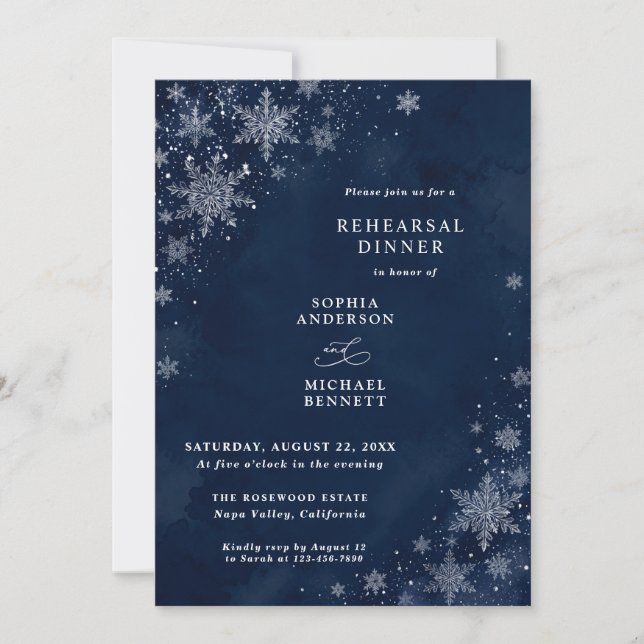 Mitternachts-Schneeflocken Winter-Hochzeitsprobe  Einladung (Vorderseite)