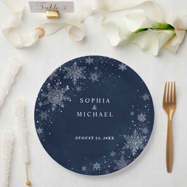 Mitternachts-Schneeflocken Winterhochzeit  Pappteller (Hochzeit)