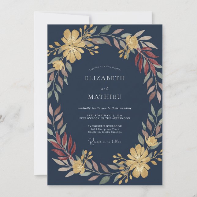 Mitternachts-Senf-Laub-Grau-Eukalyptus-Hochzeit Einladung (Vorderseite)