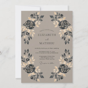 Mitternachts-Taupe-Rosen-Hochzeit Einladung