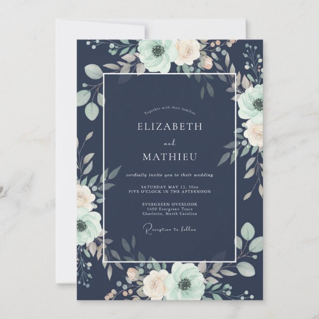 Mitternachts-Teal-Eukalyptus-Hochzeit Einladung (Vorderseite)