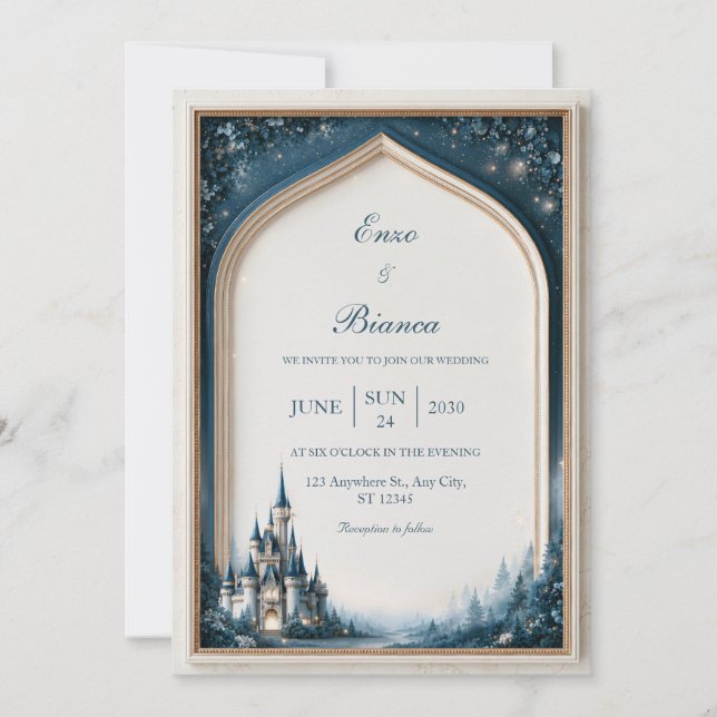 Mitternachts-Teal-Schloss-Gotischer-Bogen-Hochzeit Einladung (Vorderseite)