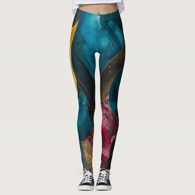 Mitternachts Teal- und Goldmarmor-Fusion Leggings (Vorderseite)