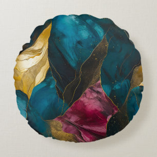 Mitternachts-Teal- und Goldmarmor-Fusion Rundes Kissen