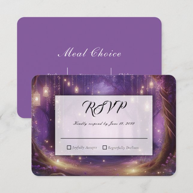 Mitternachts-Veilchen-Zauberwald-Hochzeit RSVP Karte (Vorne/Hinten)