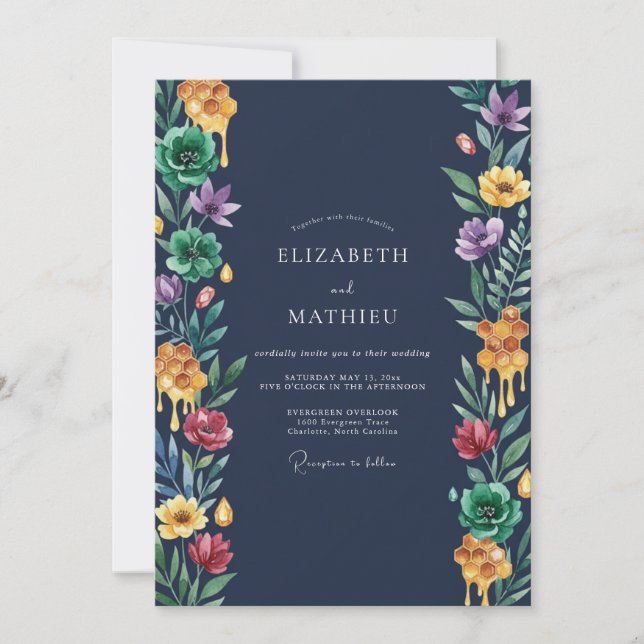 Mitternachts-Vibrant-Bloom-Hochzeit Einladung (Vorderseite)