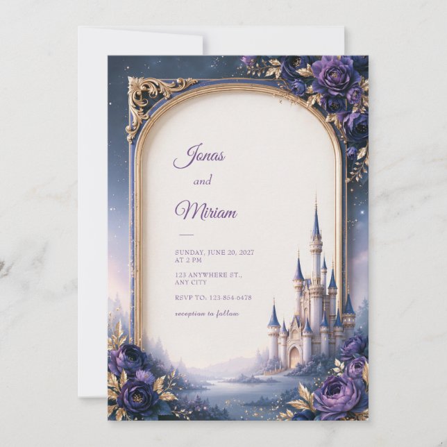 Mitternachts-Violett-Rosen-Schlossbogen-Hochzeit Einladung (Vorderseite)