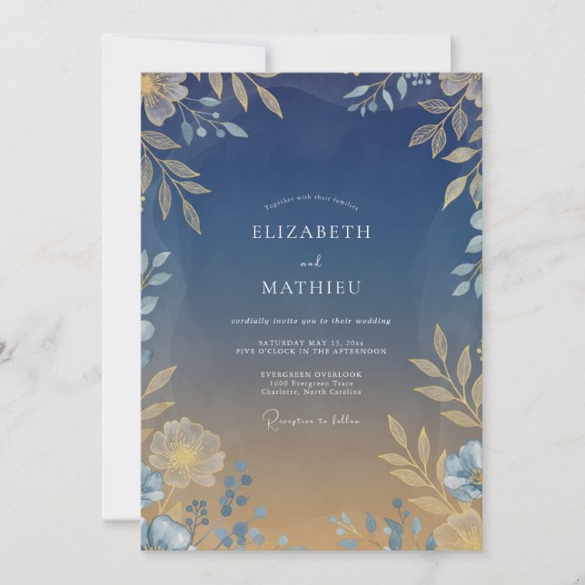 Mitternachts-Warmgold-Blatt-Hochzeit Einladung (Vorderseite)