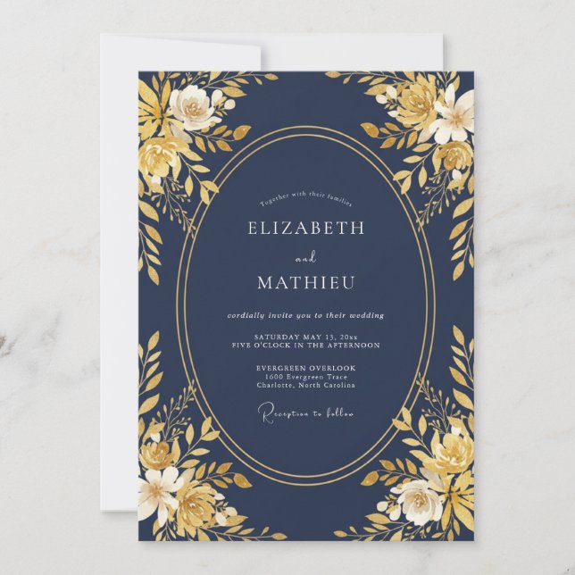 Mitternachts-Warmgold-Blüten-Hochzeit Einladung (Vorderseite)