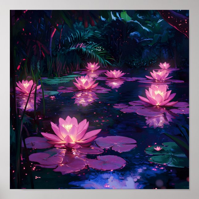 Mitternachts-Zen-Natur Rosa Lotus-Teich Poster (Vorne)