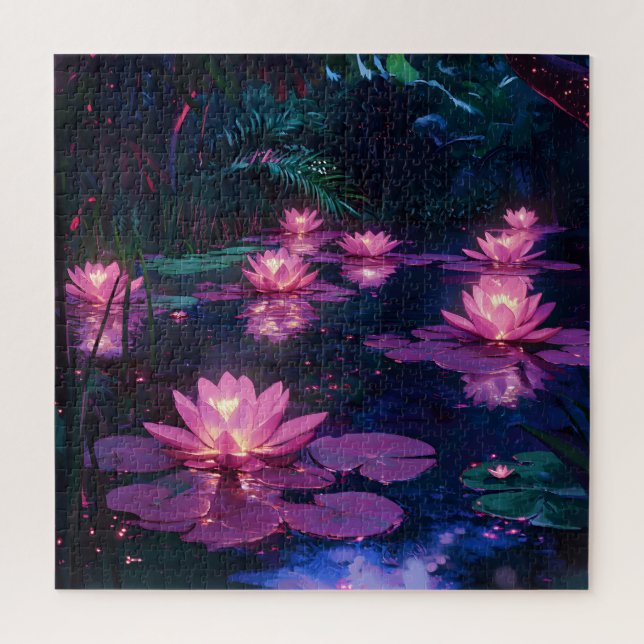 Mitternachts-Zen-Natur Rosa Lotus-Teich Puzzle (Vertikal)