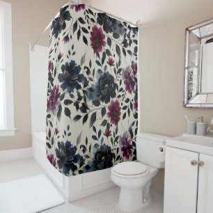 Mitternachtsblau Burgund Inky Floral Mandel-Beige Duschvorhang