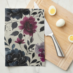 Mitternachtsblau Burgund Inky Floral Mandel-Beige Geschirrtuch
