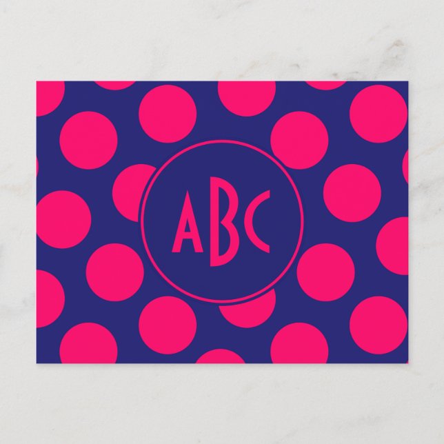 Mitternachtsblau und Helles Rosa Punkt Monogramm Postkarte (Vorderseite)