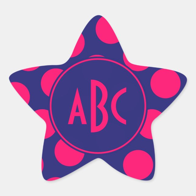 Mitternachtsblau und Helles Rosa Punkt Monogramm Stern-Aufkleber (Vorderseite)